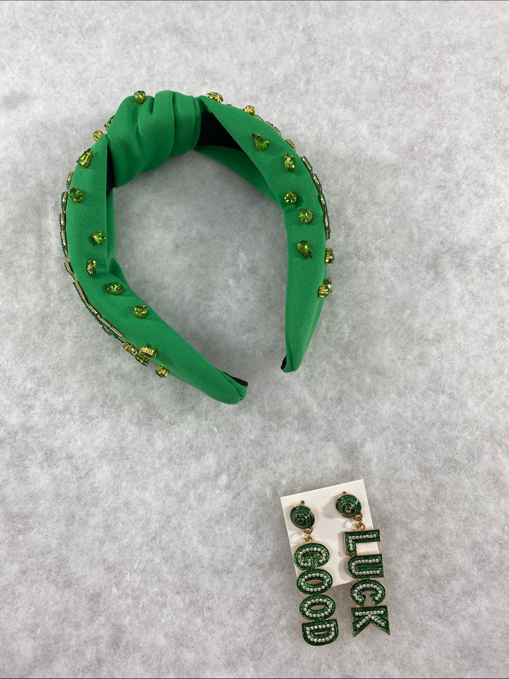 Green Embellished Knot Headband with 'Luck Good' Earrings